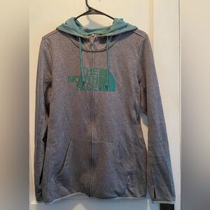 North Face Gray Green Hooded Zippered Sweatshirt